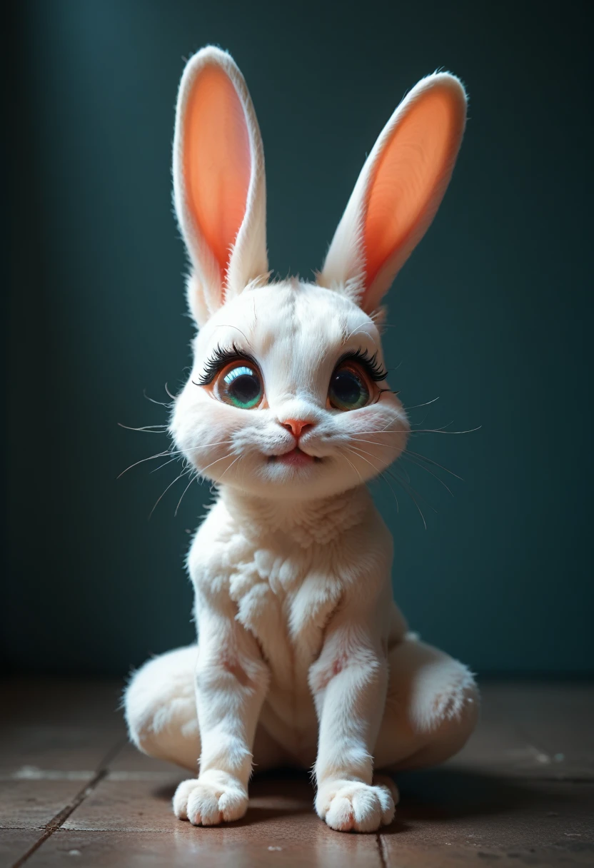 Cartoon Animal Design, flat style, cute rabbit, full body photo, simple, but not the lost meaning of design, fresh flat style, Cyberpunk elements are used liberally, front view presents an adorable cute pose, and the legs hang down in a cute pose