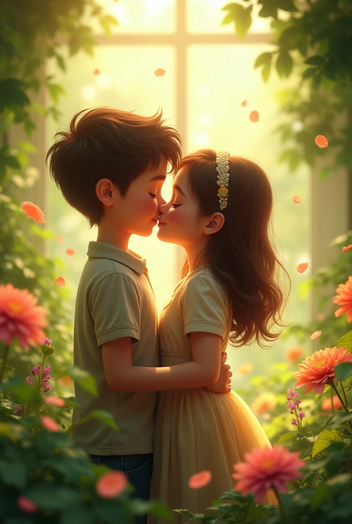 A young boy and girl in the garden having kiss