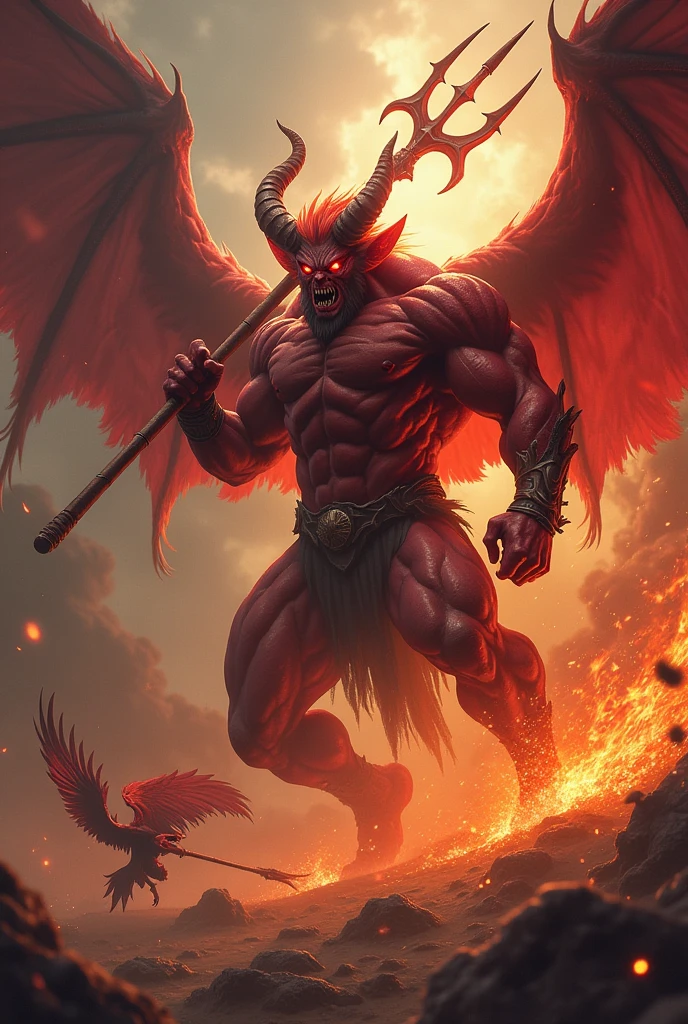 Trident-wielding demon fights with phoenix