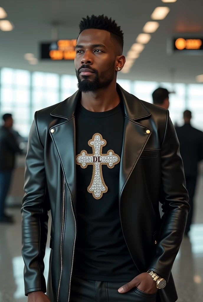 Strong forty year old black man, very elegant and sophisticated, with a goatee, black tee, in genuine leather long LINE swag model, short-sleeved, with a large silver cross in the center, studded with diamonds and gold on the edges with the letters DL in the center of the cross.
Italian loafer shoes The model is at the airport check in