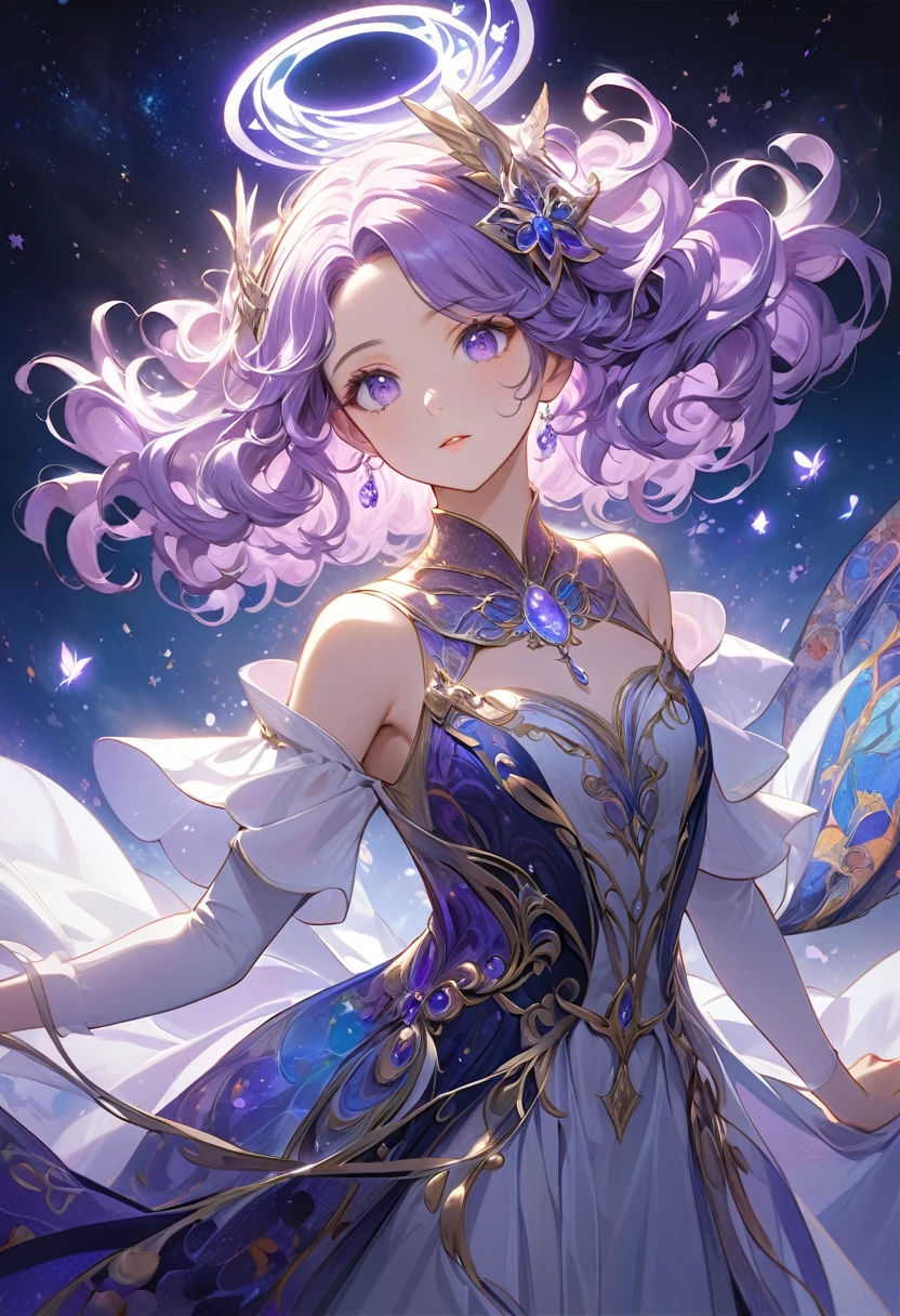 At the heart of the scene lies a mysterious mystery., illuminated as a fascinating visual spectacle, The witch is adorned with wavy lavender and opal hair., Exquisite hand-painted design with a shimmering sheen that catches your eye. Her expression radiates a fascinating mystery., but、Her gaze conveys gentle empathy and wisdom.. Her Hair, An intricate tapestry of shimmering curls, Dancing like a fantastical halo around her head, Increases the overall mystique of the character. The design embraces a minimalist aesthetic., Softly lit night sky sub