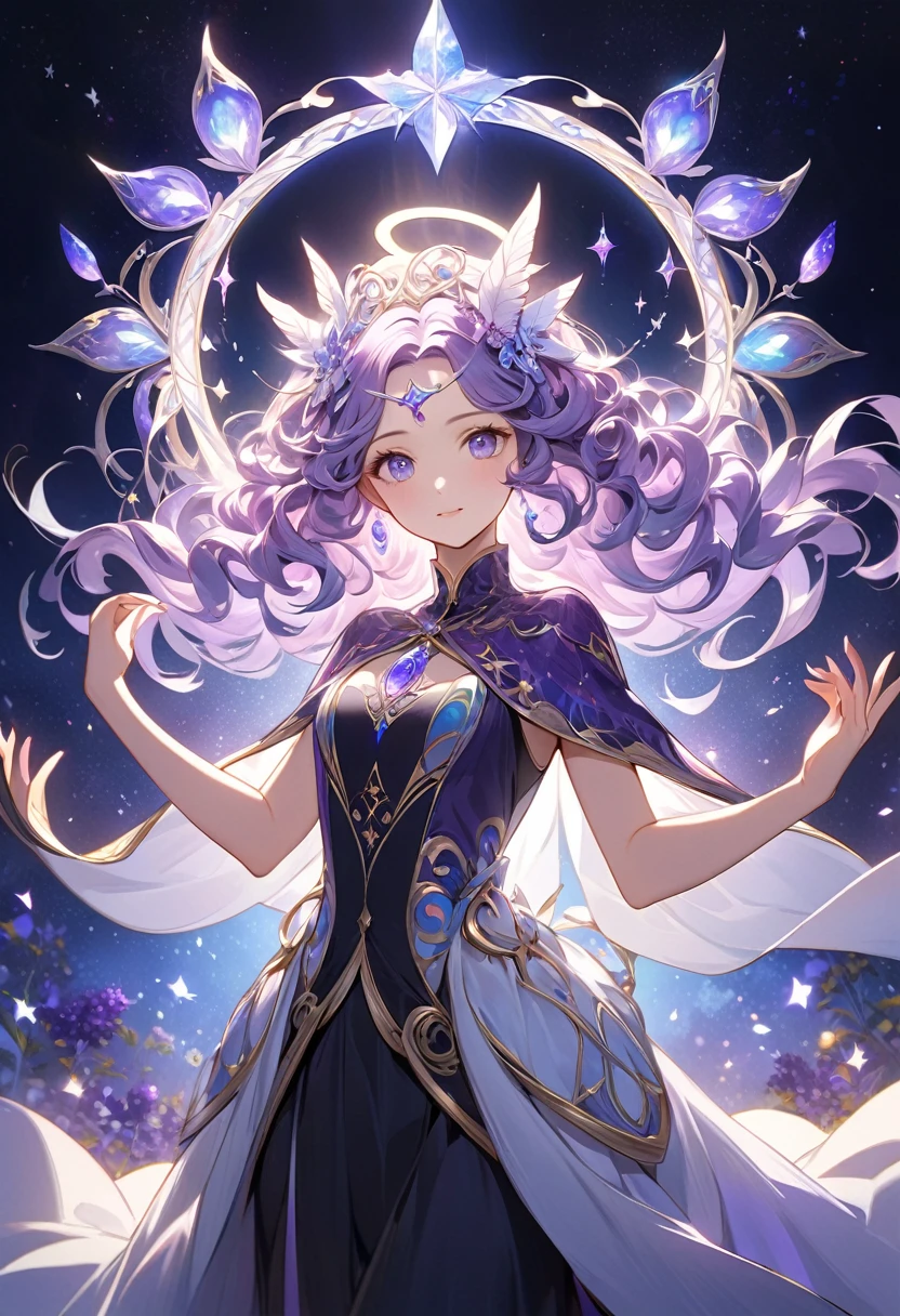 At the heart of the scene lies a mysterious mystery., illuminated as a fascinating visual spectacle, The witch is adorned with wavy lavender and opal hair., Exquisite hand-painted design with a shimmering sheen that catches your eye. Her expression radiates a fascinating mystery., but、Her gaze conveys gentle empathy and wisdom.. Her Hair, An intricate tapestry of shimmering curls, Dancing like a fantastical halo around her head, Increases the overall mystique of the character. The design embraces a minimalist aesthetic., Softly lit night sky sub
