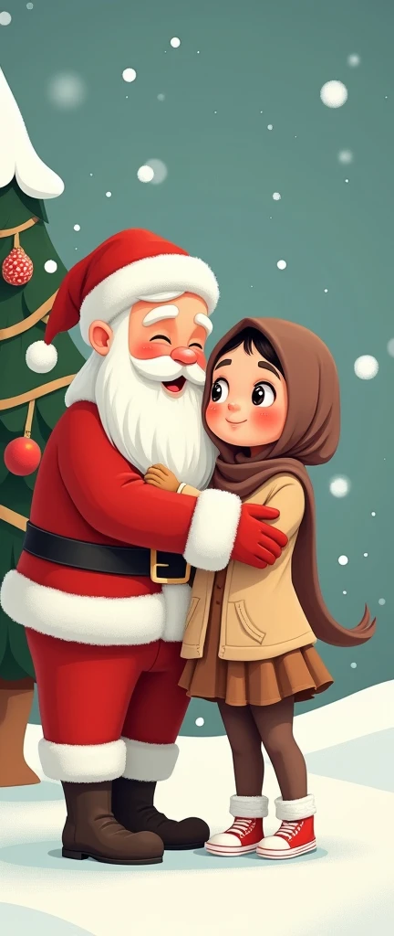 Cartoon with text:
(masterpiece, best quality, 4k, expressive eyes, perfect face, 2d style, flat style, hand drawn, perfect Illustration), perfect cartoon style, toon face, Cute and adorable face, big detailed eyes,, Cute little cartoon girl, with brown hijab on, bangs, wearing oversized beige cardigan, white shirt, brown skirt, ((brown pantyhose, white ruffle socks)), sneakers, standing next to Santa, santa kissing her cheek and rubbing her legs
