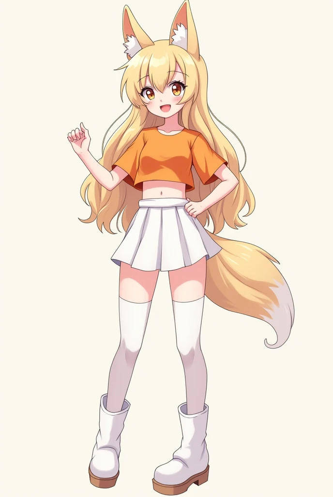 Beautiful anime girl smiley face with a fox ear wearing an orange crop top, white short skirt, stocking, white boots. no background