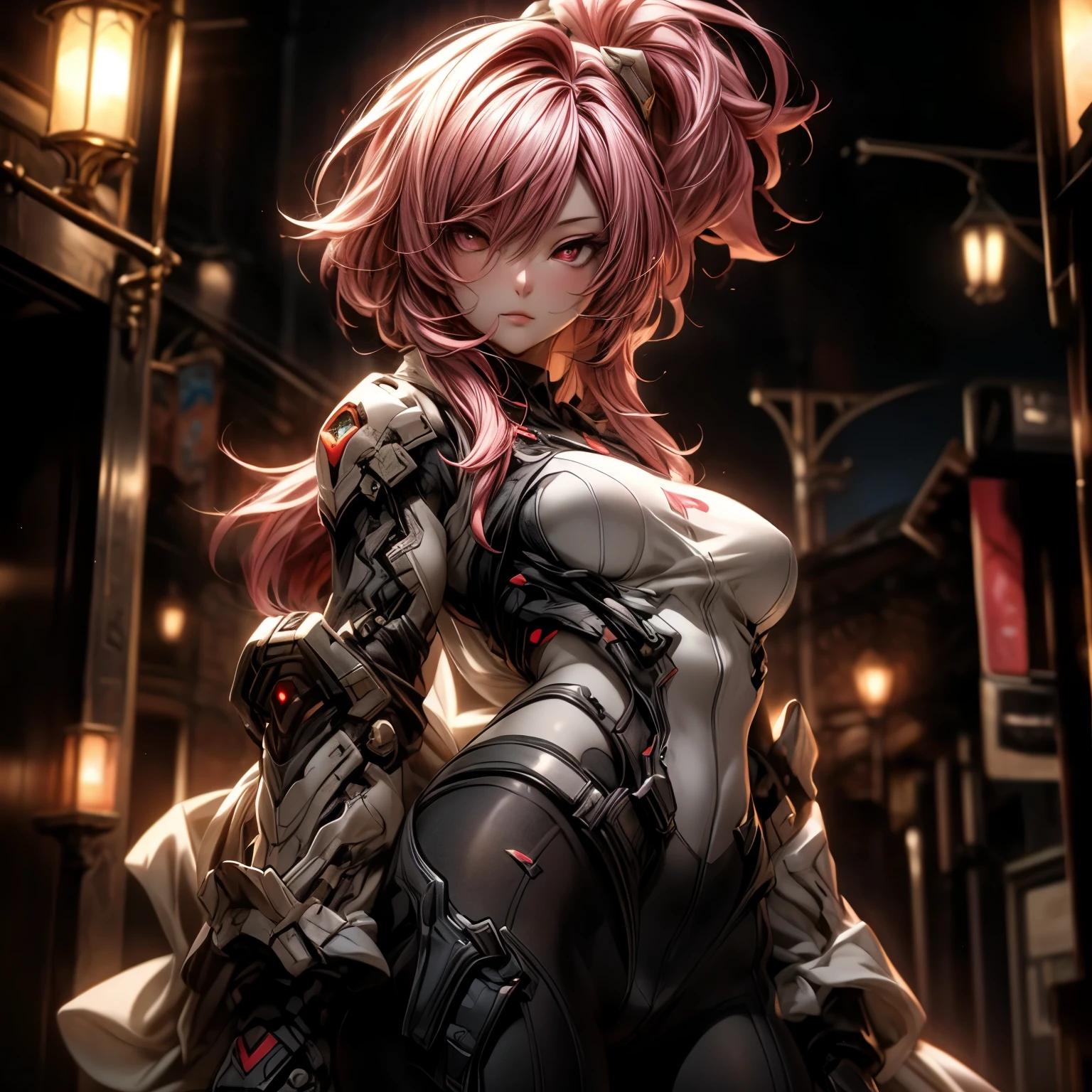 (best quality)), ((Masterpiece)), (details:1.4), 3d, HDR (high dynamic range), an image of a beautiful cyberpunk female, Hips up, cyberpunk, Pink hair, High ponytail, beautiful Red eyes, จมูกโด่ง, ปากแดง, หน้าอกใหญ่, nvidia RTX, PBR surface, After processing, Anisotropic filtration,depth of field, Maximum clarity and clarity, multi-layered surface, Subsurface scattering, perfect proportions, 8K raw files, ultra detailed, Perfect proportions, volumetric lighting, soft lighting, Holy Paladin, Heavy Black Armor, glossy skin, Castle background, jewely, ต่างหู, นิ้วมือสมบูรณ์,