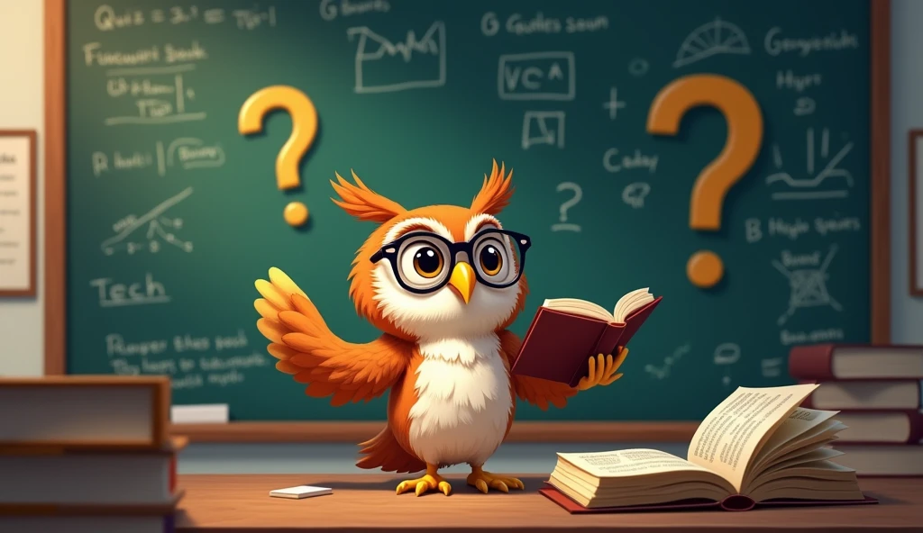 Holding a book in one hand、An owl wearing glasses shows off his knowledge in front of a large question mark。There is a blackboard in the background、Quiz hints are provided。
