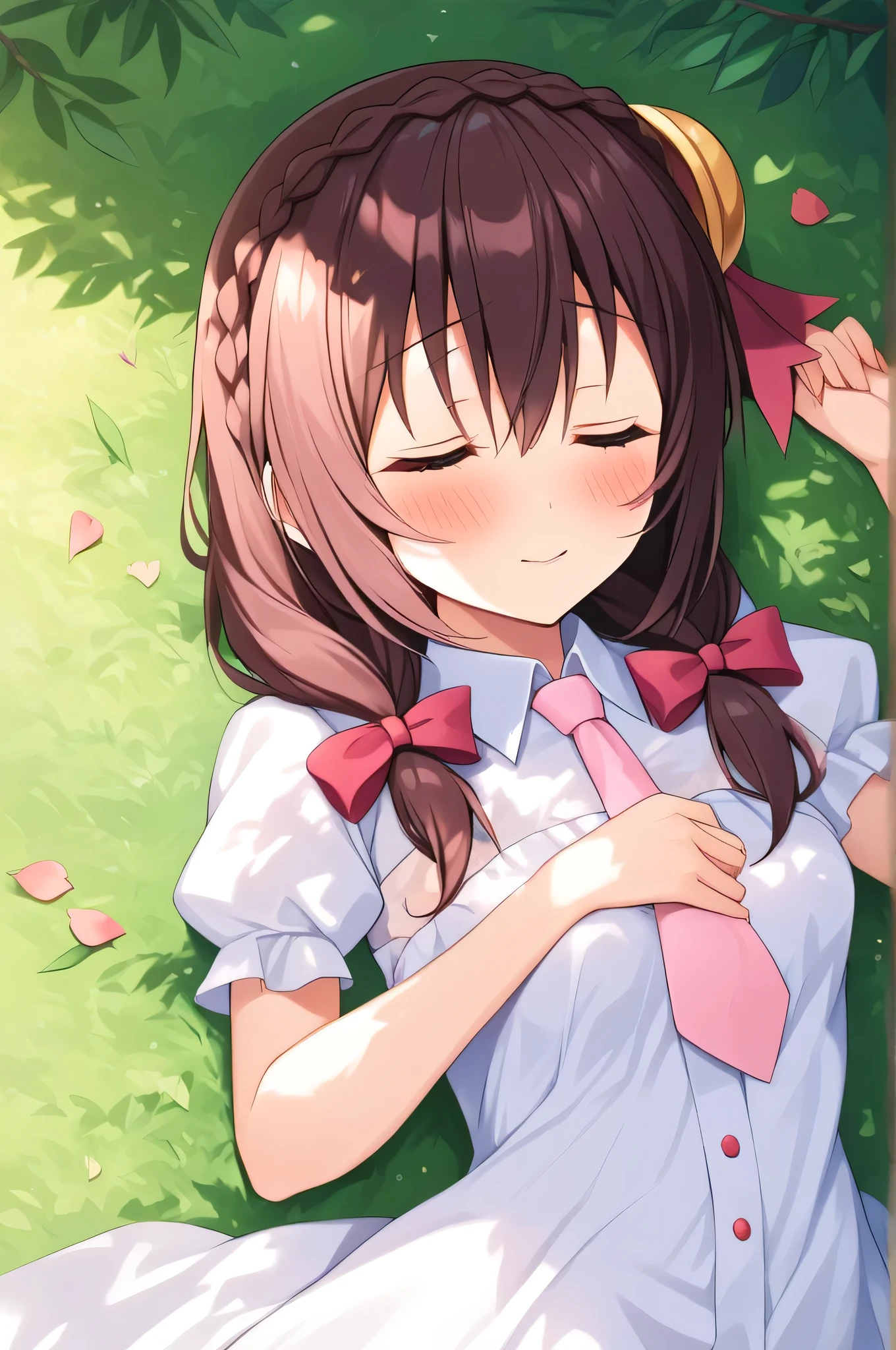 alone, One person, Yunyun, ♥、 (blush:1.5)、Crown braids of the same color as your hair、hair ornaments, Hair Ribbon, Pink tie, White dress, A very happy look、Sunlight filtering through the trees、Lying face down