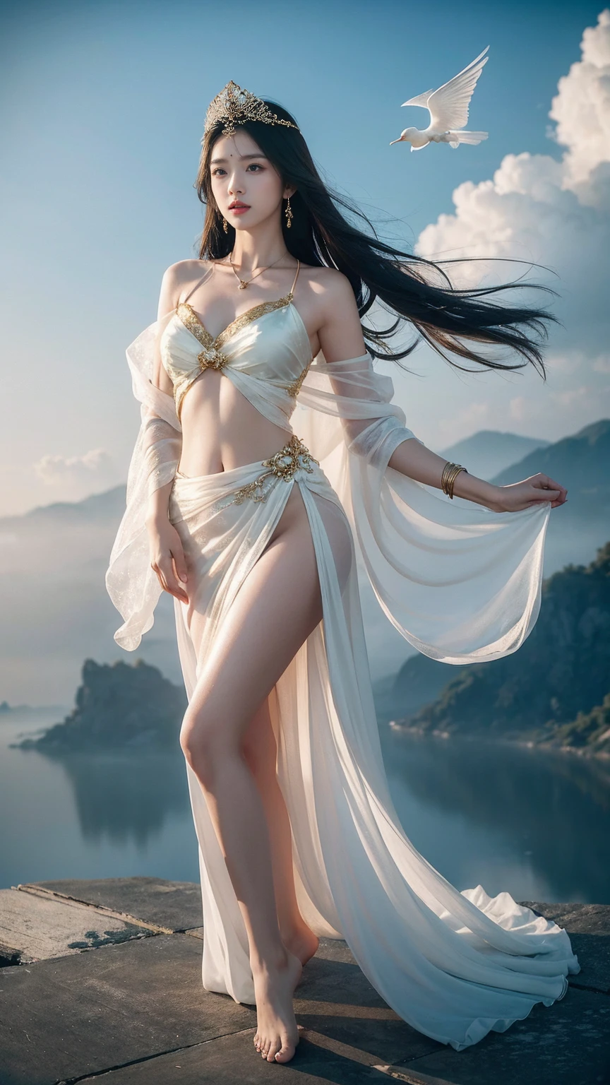high resolution,Ancient Chinese Women,Goddess Princess,God, 2, Handsome and sexy,white silK gauze,Golden Angel Dress,Exquisite clothing style,Beautiful genuine jade pendant.,Barefoot,bare shoulders,Reveal your navel,Day and time,Under your feet there are clouds and fog.., fly in the sKy,fly in the sKy,float,Calm and indifferent, fine texture, detailed face, The body is greasy.., The beautiful one, exaggerated, Handsome and charming, LooKs brave., long hair fluttering,ผมfloat,It has a long bang..,Incredible amount of hair,I&#39;m flowing,Ambient light,Detailed sKy bacKground,Surrounded by clouds,Volumetric illumination,Cell shading,K