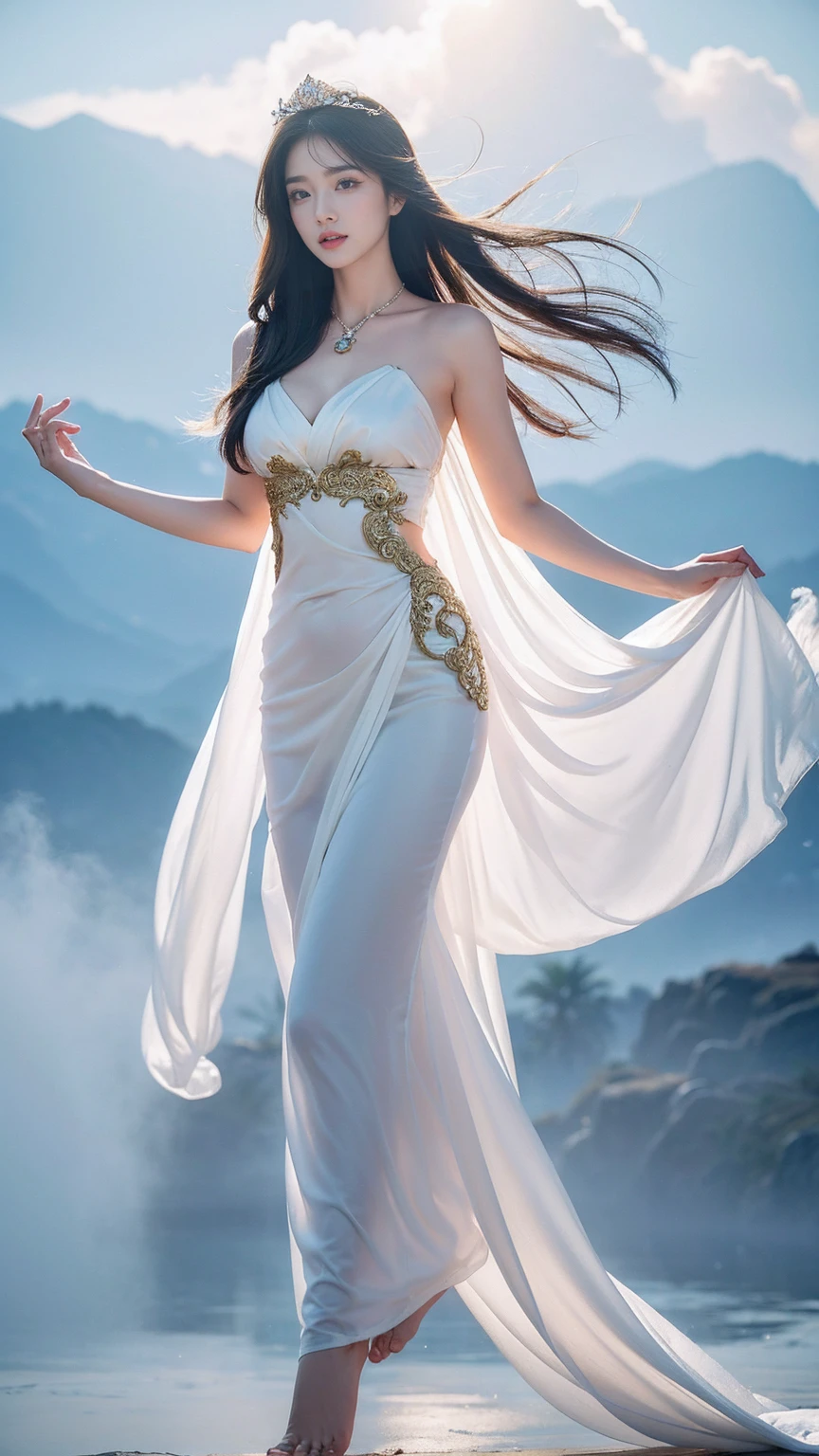 high resolution,Ancient Chinese Women,Goddess Princess,God, 2, Handsome and sexy,white silK gauze,Golden Angel Dress,Exquisite clothing style,Beautiful genuine jade pendant.,Barefoot,bare shoulders,Reveal your navel,Day and time,Under your feet there are clouds and fog.., fly in the sKy,fly in the sKy,float,Calm and indifferent, fine texture, detailed face, The body is greasy.., The beautiful one, exaggerated, Handsome and charming, LooKs brave., long hair fluttering,ผมfloat,It has a long bang..,Incredible amount of hair,I&#39;m flowing,Ambient light,Detailed sKy bacKground,Surrounded by clouds,Volumetric illumination,Cell shading,K