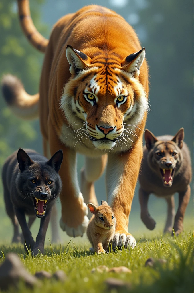 A brown big cat come to green ground to save little rabbit to attack by two black wild dog