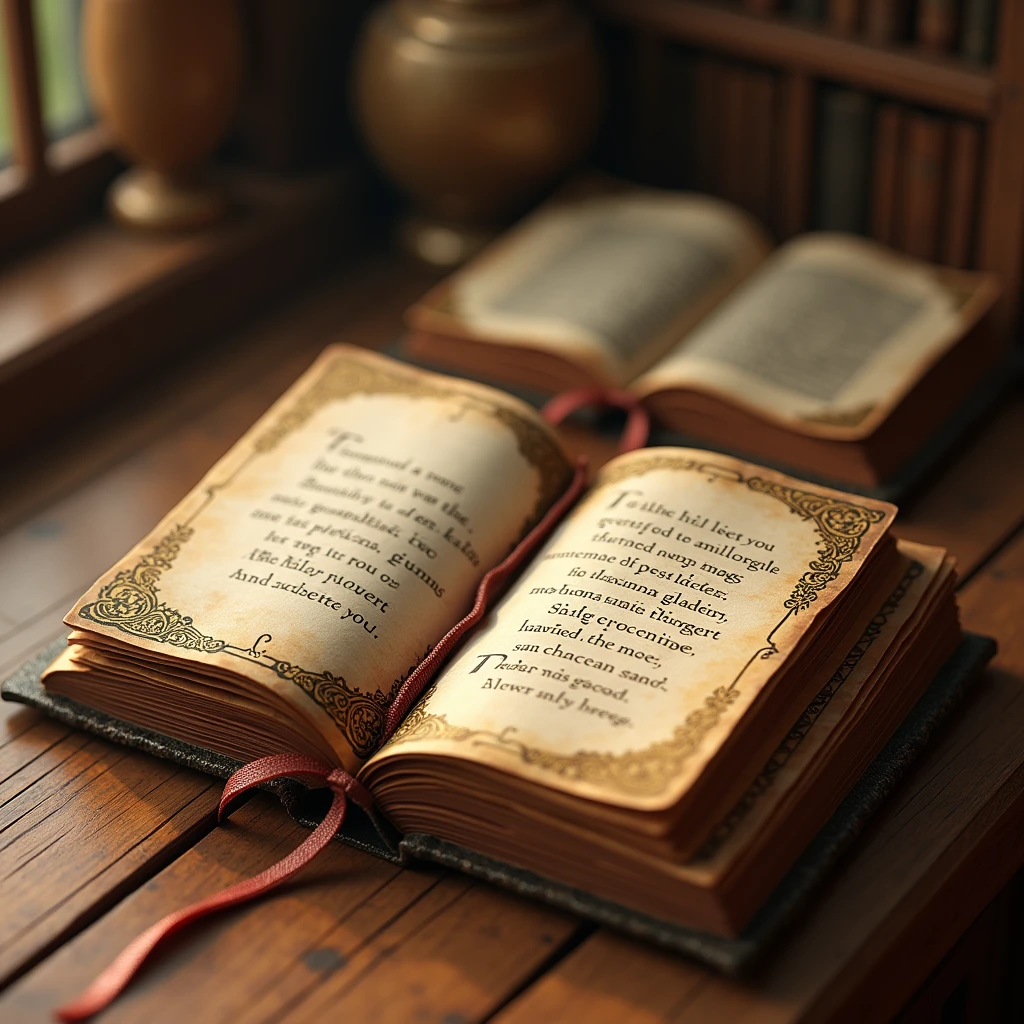 A 3D render of a thick, open book resting on a wooden surface. The book has a worn leather cover and intricate gold designs. The pages are beautifully detailed, with a mix of text and illustrations. On one of the open pages, there is a short, emotional greeting in an elegant, heartfelt font that reads: 'BIGURILHAS  rapatabuas is the best quality ’. The fonts should be in a dark colour and legible.The book has a warm and inviting atmosphere, with soft lighting casting gentle shadows across the pages, giving a cozy and nostalgic feel.