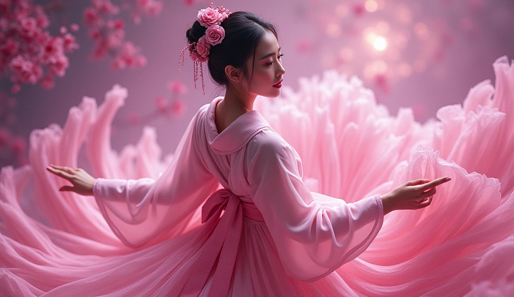 Beautiful photograph, indonesian woman, large angle, high quality cinematic 225K, hyper-detailed everything, a Sorayama style Geshia, fractal flowing beneath the surface, glas Kimono elegant pose, dynamic pose, magenta angelic scene.