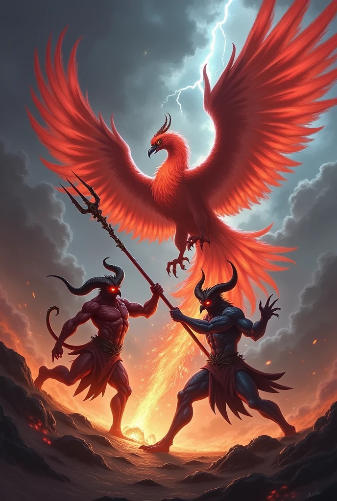 A demon holding a trident fights a large red phoenix.