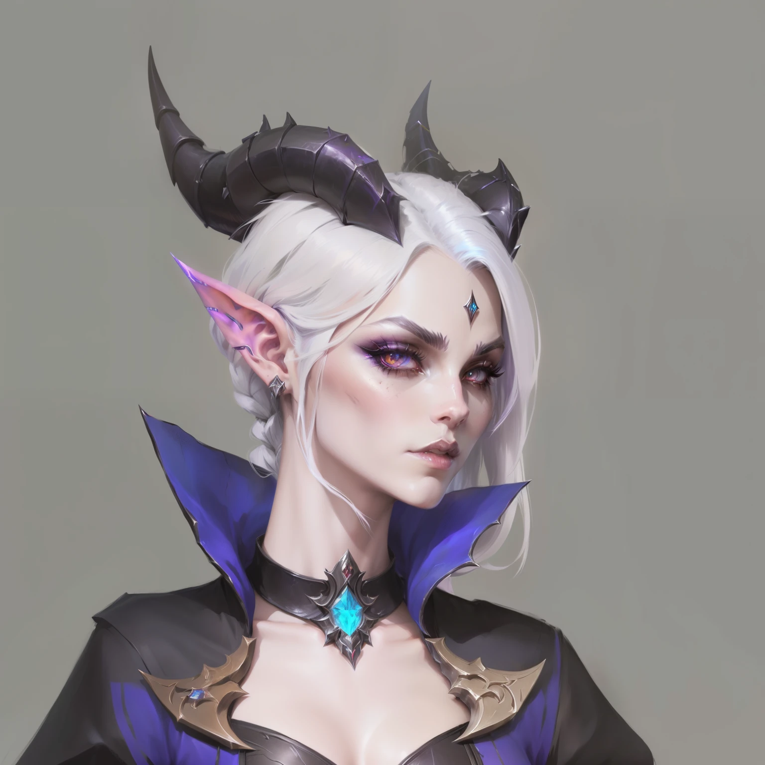  Dark Elf Princess with Horns，Clothes leather，Metal Material，Collar，Metal inlaid gemstones，Game Avatar, Character portrait concept art, Character Art Close-up, Demonic Sorceress，League of Legends avatar，Diablo concept art