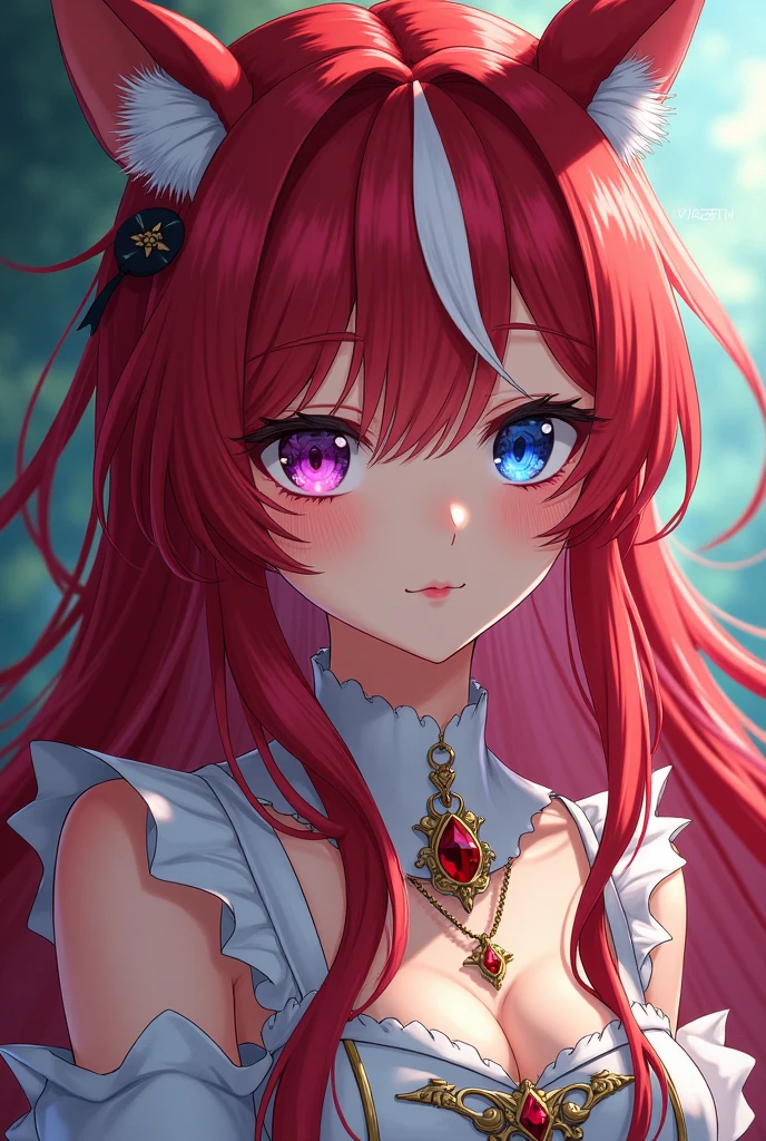 Long red hair with a long white lock , One eye is blue and the other eye is purple., beautiful medium bust, with freckles on his face. anime