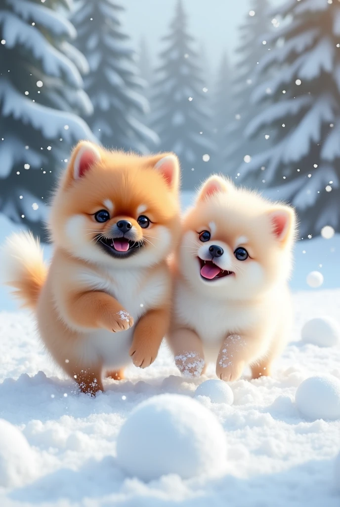 Snow Scene、snowball fight、Cute brown baby Pomeranian with black around the mouth、Cute white pomeranian baby、Big Head、ポメラニアンとポメラニアンのsnowball fight