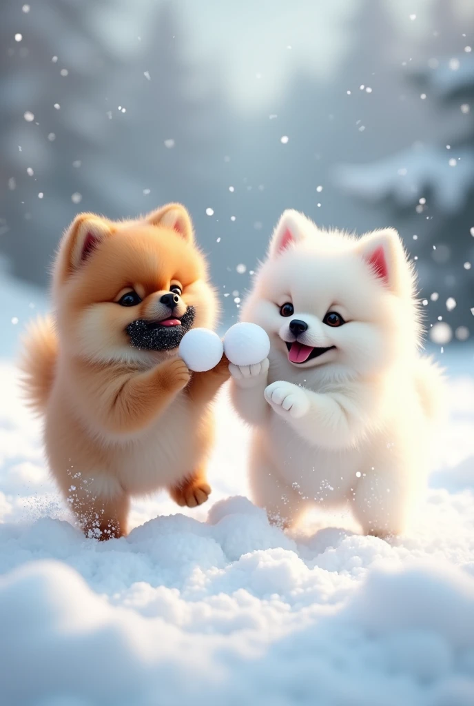 Snow Scene、snowball fight、Cute brown baby Pomeranian with black around the mouth、Cute white pomeranian baby、Big Head、ポメラニアンとポメラニアンのsnowball fight