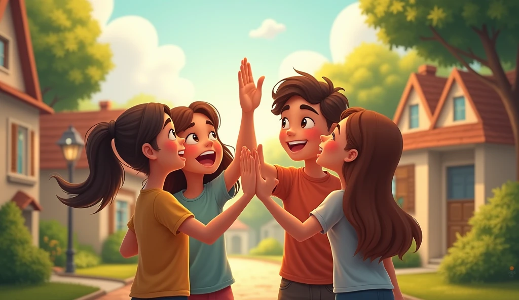 Saying Goodbye**: Show the friends waving goodbye to each other as they prepare to go home, with smiles and a sense of fond farewell.