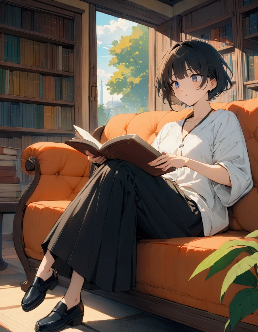 (masterpiece:1.3),(Highest quality:1.4),(Very detailedな:1.5),High resolution,Very detailed,8K Ultra HD,High quality,Wide range of colors, (2D anime style with a 90s anime aesthetic）、（（2 Japanese male anime））Black Hair、casual、short hair、Bangs down style、Neutral face、Handsome、Blank expression、The location is a retro library、Sitting on the couch。 Reading a book with your legs crossed。(The outfit is based on black fashion）