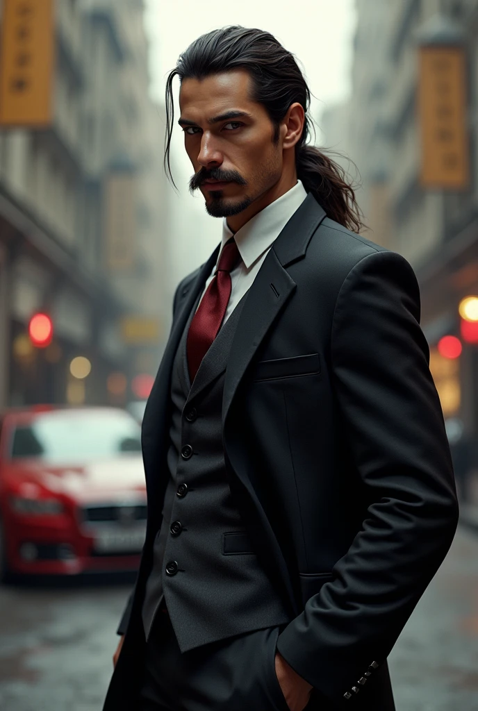 A young heroic gangster guy who is 30 year old and always wear executive coats and suits .He have a growned horse shoe moustache not beard. Long hair with pony tale . And an attittude face with a smile . He is a lord of the gangsters