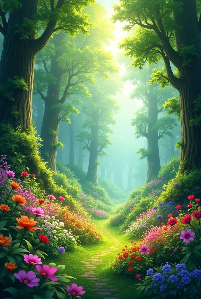 “A vibrant forest with lush green trees and colorful flowers, with sunlight filtering through the canopy.”
