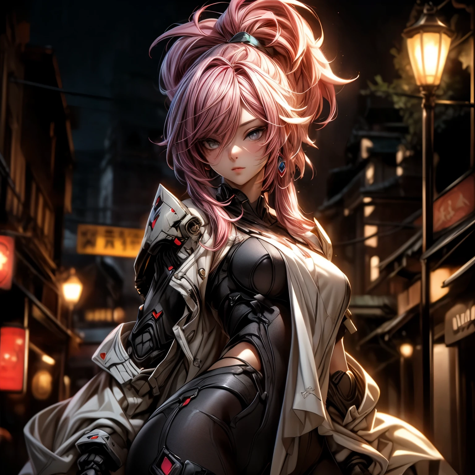 (best quality)), ((Masterpiece)), (details:1.4), 3d, HDR (high dynamic range), an image of a beautiful cyberpunk female, Hips up, cyberpunk, Pink hair, High ponytail, beautiful White eyes, จมูกโด่ง, ปากแดง, หน้าอกใหญ่, nvidia RTX, PBR surface, After processing, Anisotropic filtration,depth of field, Maximum clarity and clarity, multi-layered surface, Subsurface scattering, perfect proportions, 8K raw files, ultra detailed, Perfect proportions, volumetric lighting, soft lighting, Holy Paladin, Heavy Black Armor, glossy skin, Castle background, jewely, ต่างหู, นิ้วมือสมบูรณ์,
