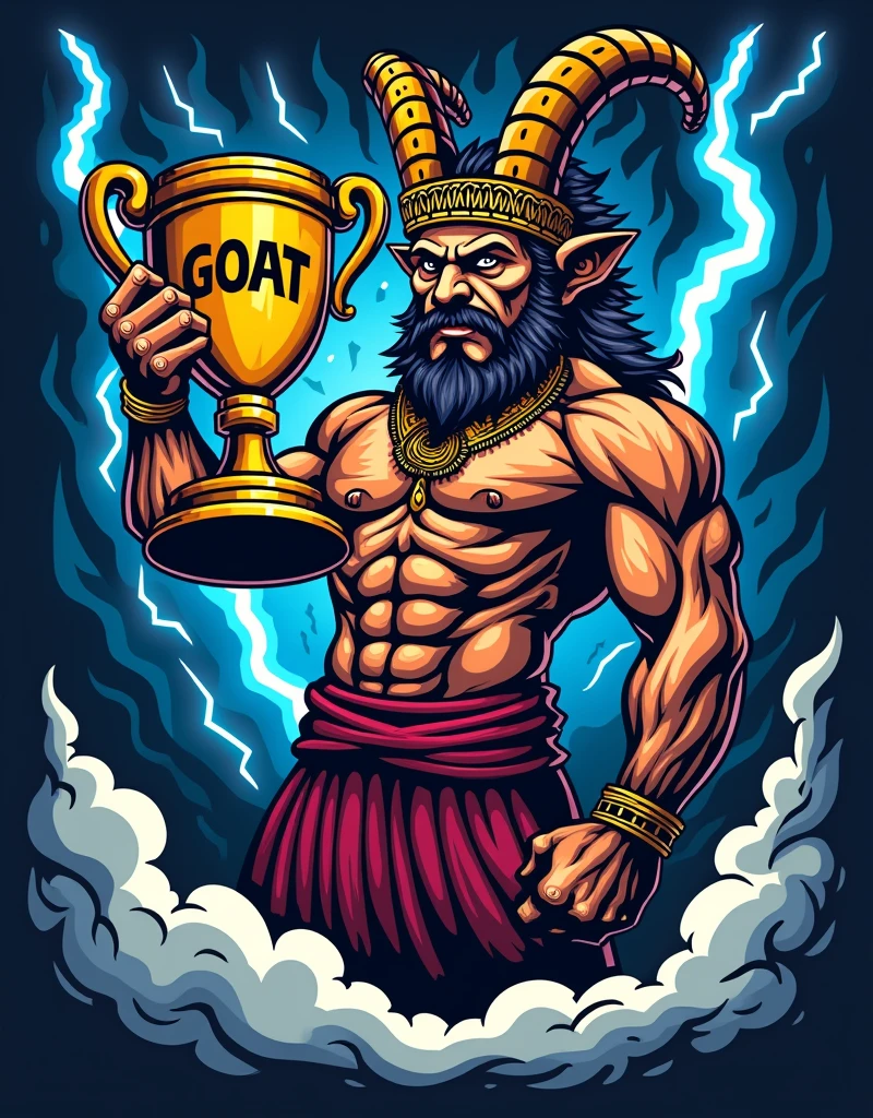 create a sports logo with the name "village" with a mascot God of thunder Tupã holding a trophy written "GOAT" por dentro