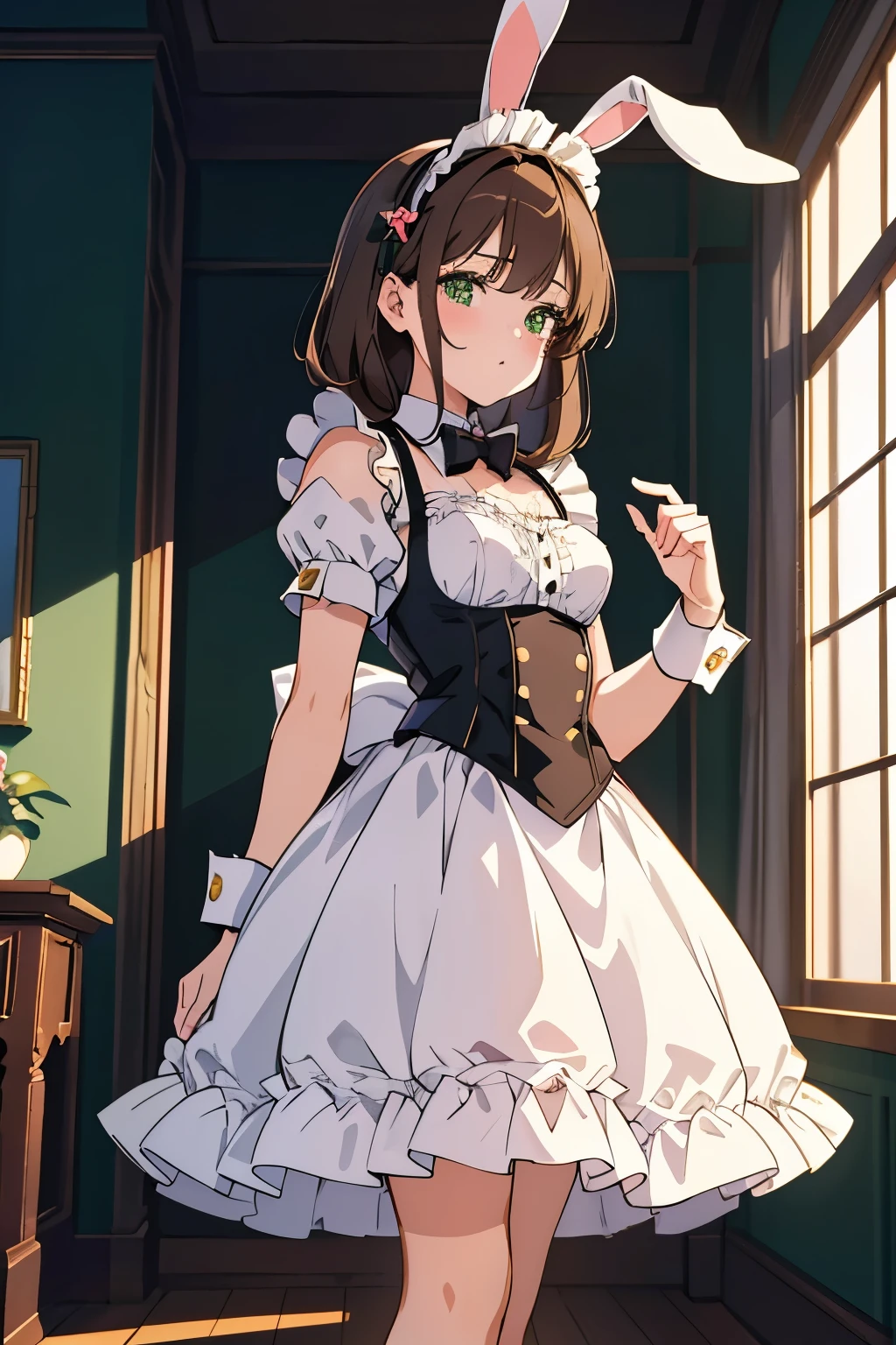 ((masterpiece, Highest quality, High resolution, 超High resolution, Pixel perfect, Written boundary depth, 4K, RTTX 10.0, High resolution))), 1 person, single, alone, Beautiful Anime, Beautiful art style, Anime characters, ((Shortcuts, bangs, Dark brown hair)), ((Green Eyes:1.4, Round eyes, Beautiful eyelashes, current eyes)), ((Smooth texture:0.75, Anime CG style)), ((Dynamic Angle, close)), Perfect body, (cute), Normal chest, whole body, ((4K, 8k, Highest quality, Perfect Fingers: 1.3, Perfect Anatomy: 1.3, Background Blur)), whole bodyアングル, Illustration of a bunny girl in a maid outfit, The character is dressed in a bunny girl outfit that is a take on the classic maid outfit.、In a black and white maid outfit with frills and ribbons、With rabbit ears and a tail, The background depicts a room in a classic Western-style mansion.、The overall scene has a cute and elegant atmosphere.