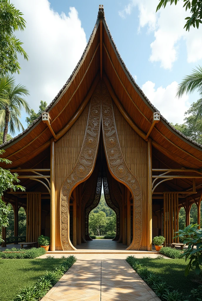 big single pavilion cogon roof and Philippine "amakan" with tribal pattern more with  curved bamboo structure