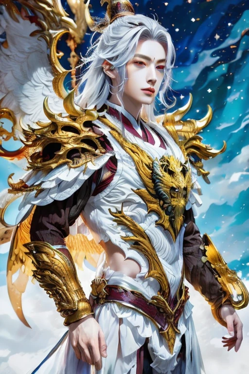  Handsome young xianxia protagonist,man,guy,long silver hair, Crimson red and golden amber eyes combination ,eyes focus detailed((no noice)),(((no noice))),and long silver hair with white undertone,and the golden rune motiv  scratched on his forehead((no noice)),use armour featuring like pattern on furr of white Tiger chinese with white dominant color,pauldron protective shape like dragon head,breastplate featuring like white Tiger,breastplate detailed white Tiger shape,shoulder protective dragon shape like white Tiger,sun and moon  background, white dominant color,white dominant color, white dominant color armour,with majestic silver line , ((no noice))And majestic golden  wings at back,wings at back,terrifying aura around,24K ultra hd,face and eyes detail,lips and face detail,masterpiece ,better quality,ultraa realistic face((no noice)),good face proportion,eyes detailed,((perfect face)),perfect eyes ,perfect lips proportion((balance lips)),perfect face proportion,((balance proportion of face)),((balance and perfect left and right eyes proportion)),((masterpiece))