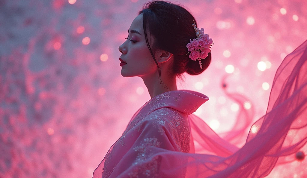 Beautiful photograph, indonesian woman, large angle, high quality cinematic 225K, hyper-detailed everything, a Sorayama style Geshia, fractal flowing beneath the surface, glas Kimono elegant pose, dynamic pose, magenta angelic scene.