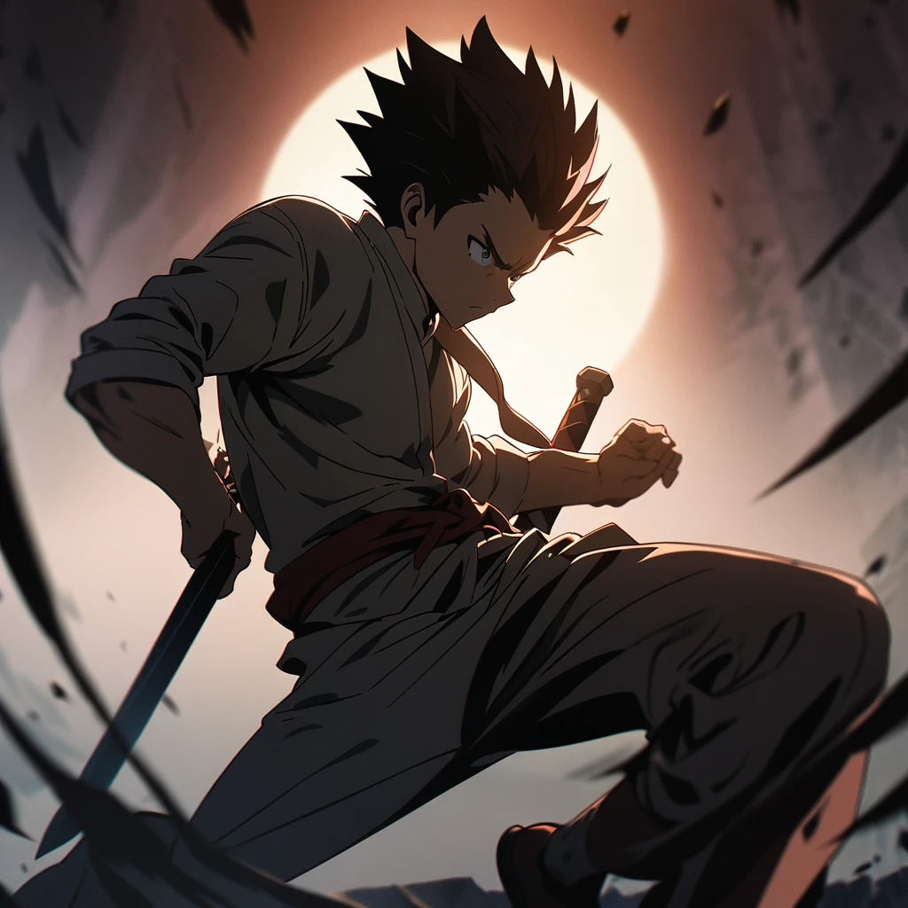 teenagers solo boy,red spiked hair,Create an image of a character gripping the hilt of a sword sheathed at their waist while stepping forward with determination. The character’s stance is dynamic, with one foot firmly planted as they lean into the movement, ready to draw the blade. The focus is on the intense grip on the hilt and the poised, powerful posture. The background is a dimly lit setting, emphasizing the tension and readiness for action, with shadows adding depth and atmosphere,hand righting style,anime style,masterpiece,best quality,ultra-detailed, illustration, detailed light,an extremely delicate and beautiful,