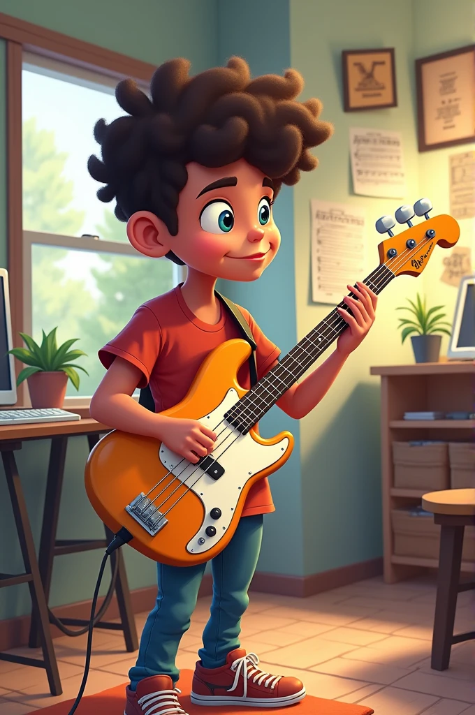Cartoon type drawing Beginner studying learning to play electric bass
