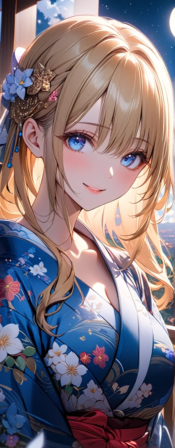 (beautiful girl: 1.3),1girl,masterpiece, Highest quality, Ultra-high resolution,Rich contrast,super high quality,8k,Highly detailed CG unit wallpaper,texture,Unbelievably absurd,Ultra-high resolution,RAW Photos,Depth of Field 1.2,(Beautiful and detailed kimono),smile,Light blue eyes,Very fine eye,bigeyes,Droopy eyes,White skin,blonde,Long Hair,moon between the clouds,stardust,,mystic glow,phantom moon,overlooking,(magnificent panorama view:1.3),(Looking Up 1.3),Veranda,She is gazing at the moon,voluptuous,(Her kimono is open from her shoulders, exposing her breasts.),((kissing))
