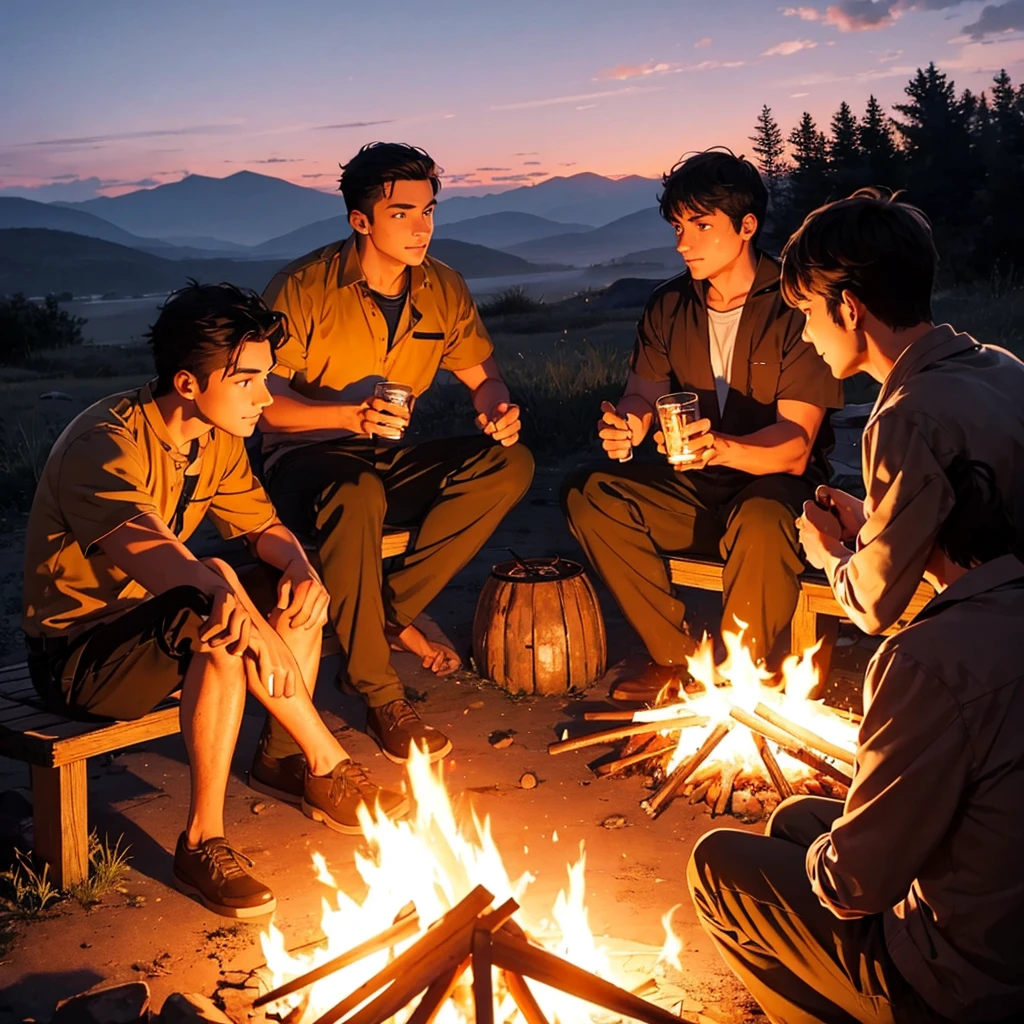  Three men Three men sit around a campfire and watch the sunset.