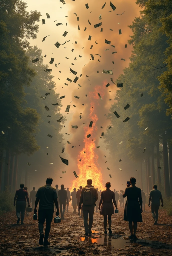 Raining money on fire, different people walking using cell phones and ignoring, forest in the background on fire , smoke and fire in the trees