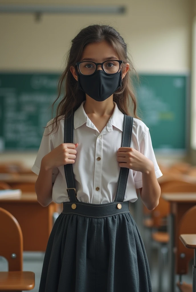 classroom, girl in skirt, showing her tits, with glasses and black mask