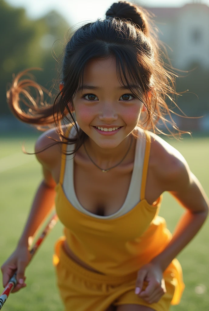 (8k, RAW photo, best quality, masterpiece), (photorealistic), outstanding details, ultra-high resolution, anatomically correct, textured skin, (Extremely precise and accurate anatomy),
Ultra Detailed Face, Detailed Eyes, 

(Cute Japanese girl), 
Lacrosse player, tanned skin, smiling face, holding Lacrosse stick, Running, Ponytail, Field lacrosse, 
big Breast, 

(backlighting), 
reflection light, 
atmospheric perspective, depth of field, 
(dramatic lighting), cinematic lighting, 