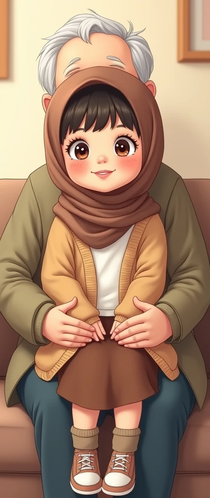 Cartoon with text: 
(masterpiece, best quality, 4k, expressive eyes, perfect face, 2d style, flat style, hand drawn, perfect Illustration), Cute and adorable face, big detailed eyes,, Cute little cartoon girl, with brown hijab on, bangs, wearing oversized beige cardigan, white shirt, brown skirt, ((brown socks, long socks)), sneakers, on an old mans lap 