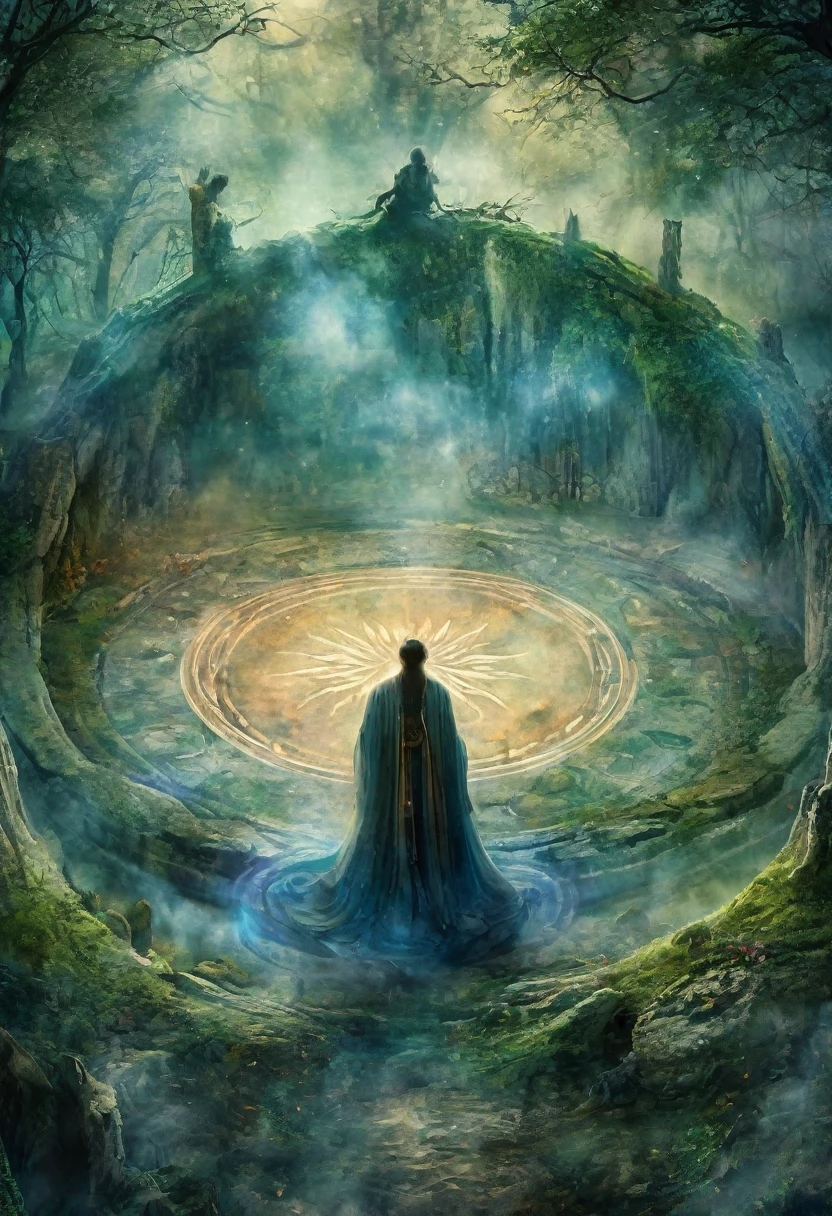 (Magic Circle:1.5), Aesthetic, Extremely detailed, excellent, illustration, Mid-shot, Magic Circle, curious, (Mystic energy:1.2) Internal rotation, Ancient Stone Circle, Misty Forest, Soft light, Two-tone lighting, Dim Lights, fantasy, Compared, Watercolor, Fairy Tale Core, Dream Core, adi granov, Brian Froud, John Jude Palenca.空中飘浮着的苍白色Magic Circle, ,The hero who stopped the world from being destroyed, The back of the character, City as background