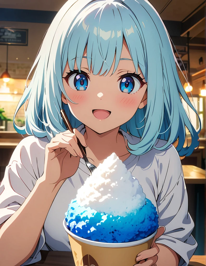 (anime artwork, anime style, studio anime, very detailed, up to date, vibrant, Anime Coloring, high contrast, masterpiece:1.2, best quality, best aesthetics),1girl,cat ear,light Blue shaggy hair, Best quality,light smile,{{incoming_shaved ice}}, {{feeding}}, holding_spoon, foreshortening,{{blurry_foreground}}, blush, open mouth, head_tilt, perfect anatomy,cafe,
