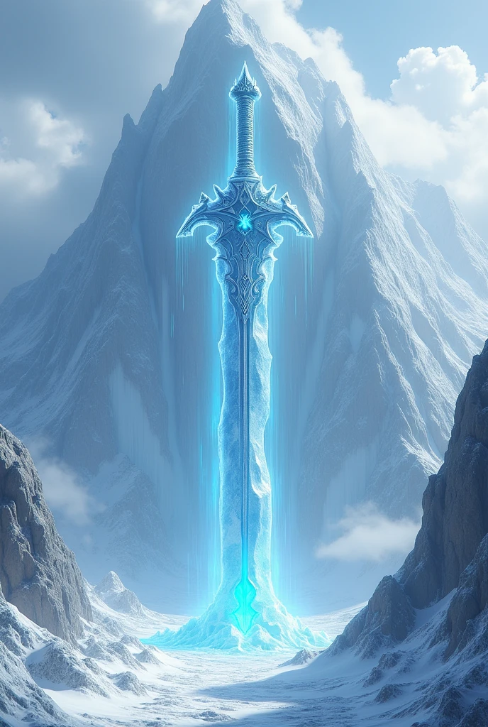 3D view, a giant sword made of ice is inserted into a towering mountain, the mountain is made of white marble