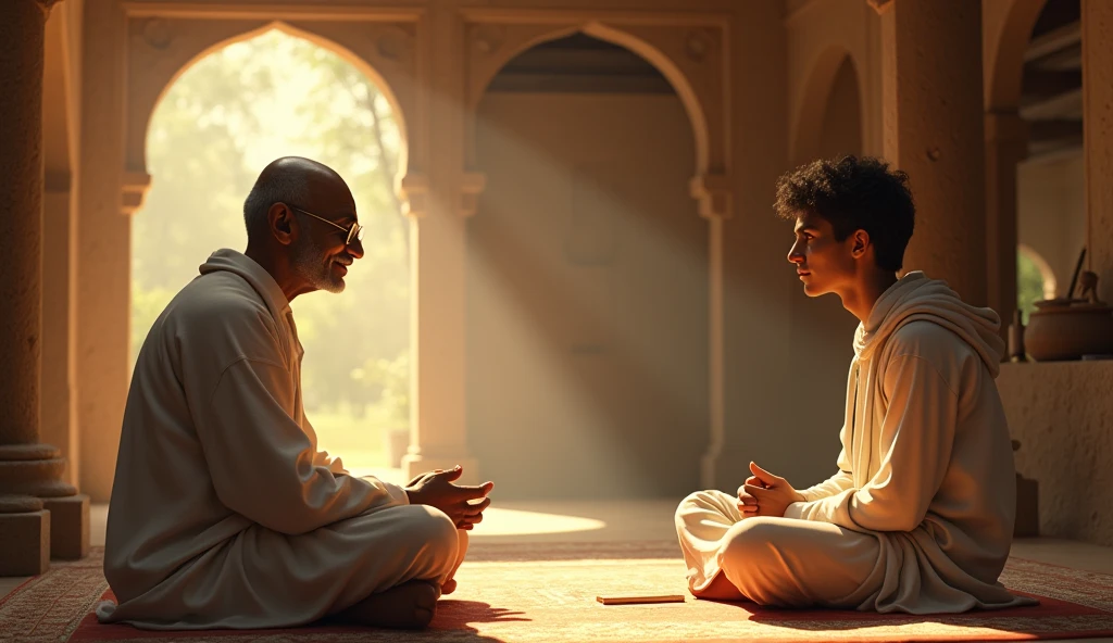 Mahatma ji and the young man are sitting in the ashram