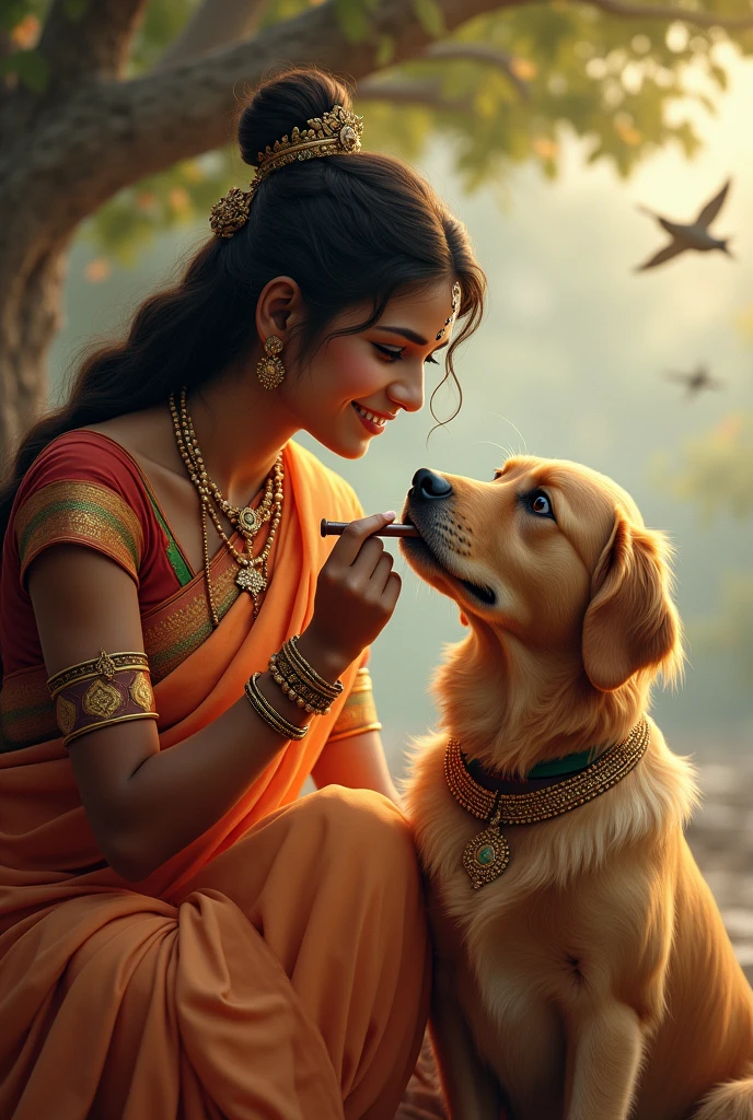 Devaki feeding to Lord Krishna in his childhood. Here Krishna is depicted as a golden retriever dog, the dog's color is a very little dark brown but not completely dark brown. The dog will be little brown. Devaki will be feeding him, A flute will be present next to the dog. In the background there will be a tree and some birds. Dog will be decorated like Lord Krishna and the dog will be wearing Indian traditional dress. Both dog and devaki face is clearly visible. Please keep a small flute next to the dog. Devaki eyes are open and attractive.
