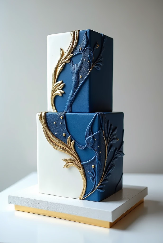 white rectangle cake designed with colour dark blue and gold