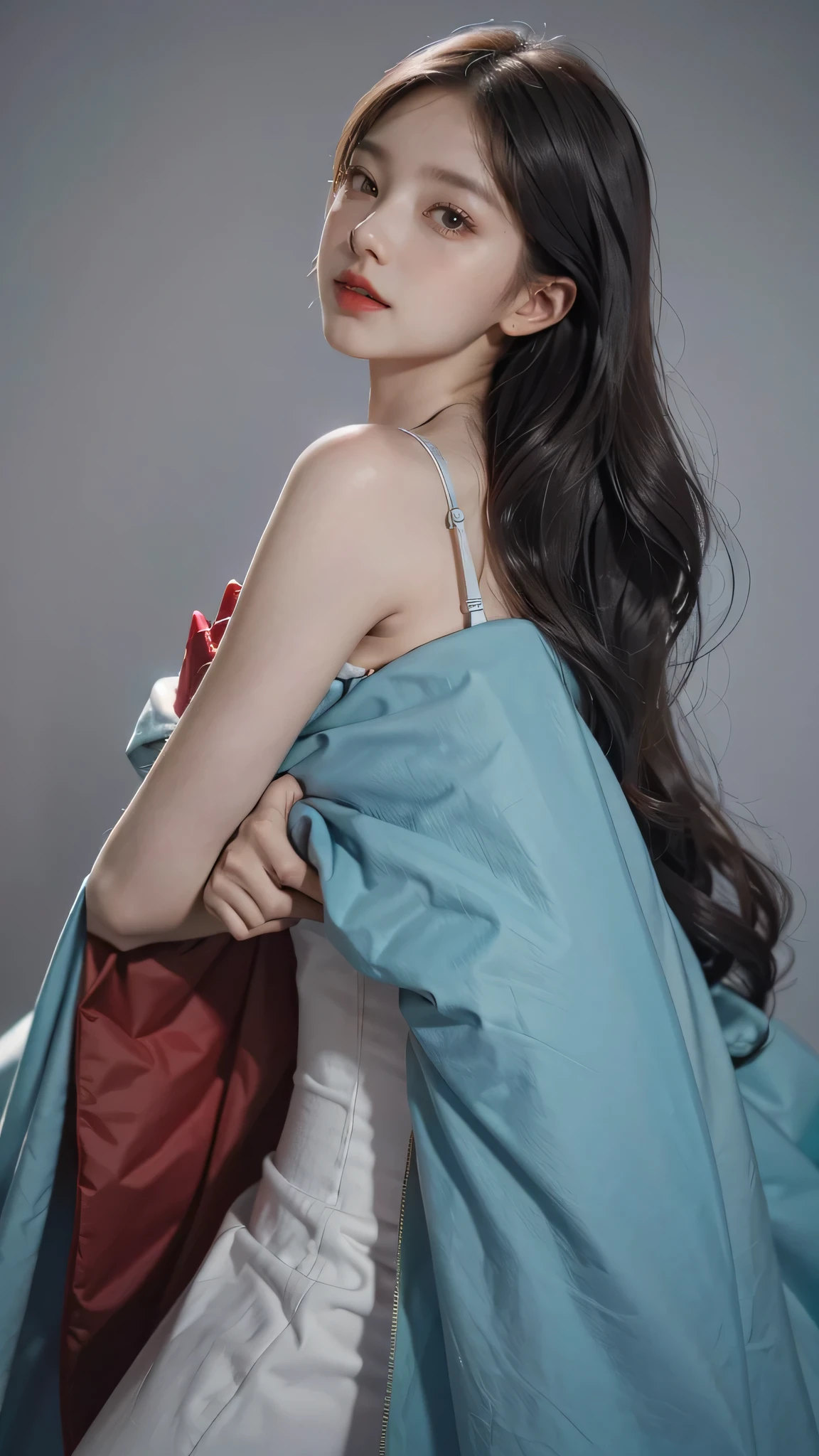 Girl wearing, luxury  cyan coat, shoulder length hair, wavy hair, glowing skin, star in eye, red lips, grey  background, cute poses 