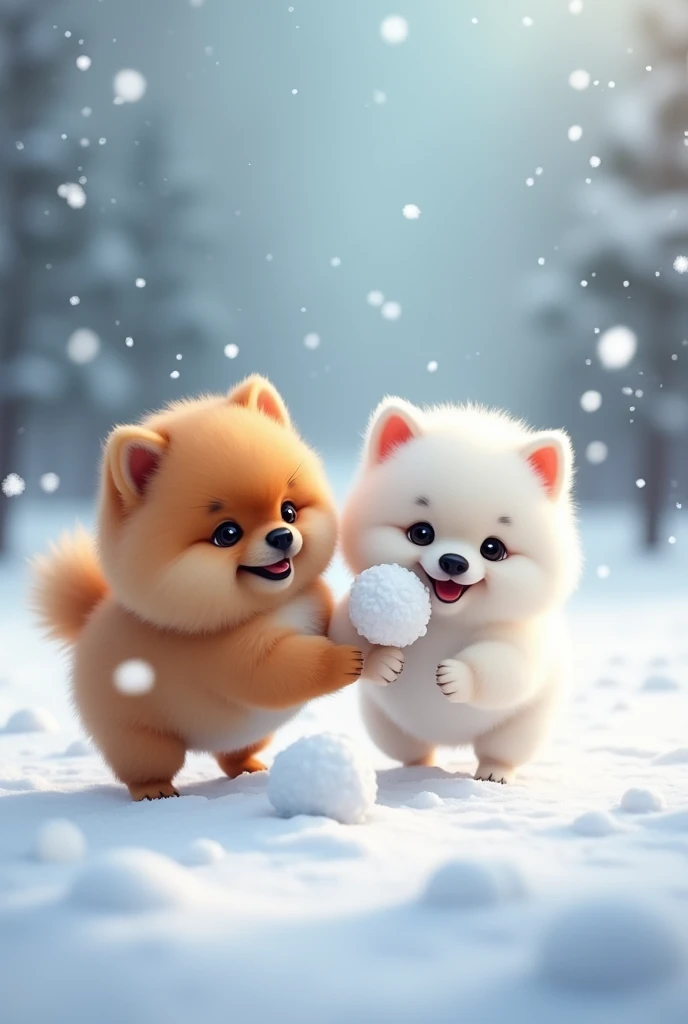 Snow Scene、snowball fight、Cute brown baby Pomeranian with black around the nose、Cute white pomeranian baby、Big Head、ポメラニアンとポメラニアンのsnowball fight