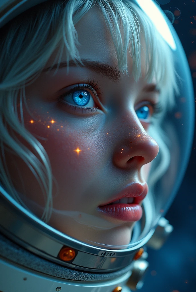 (Close-up of a better masterpiece:1.5)0.9], (Space and astronauts:1.2) (Messy silver hair:1.1) (Heterochromia xanthochromia and blue eyes:1.2) (Space Helmet:1.0) (Colored stars in the eyes:1.0) (A radiant glow:1.1) (thick lips:0.9)