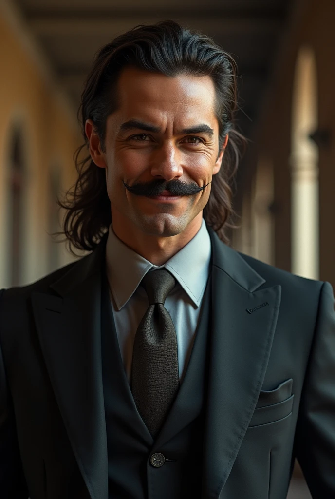 A young heroic gangster guy who is 30 year old and always wear executive coats and suits .He have a growned horse shoe moustache not beard. Average Long hair with pony tale . And an attittude face with a smile . He is a lord of the gangsters