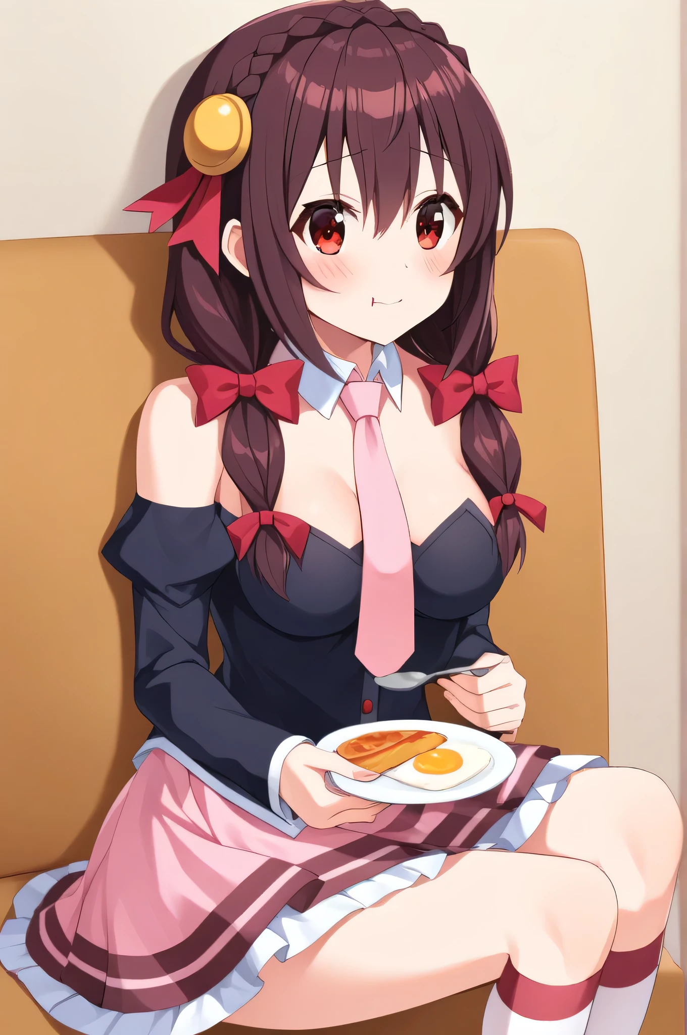 alone, One person, Yunyun, (Eating a delicious breakfast)、 (blush:1.2)、Crown braids of the same color as your hair, Red Eyes、hair ornaments, Hair Ribbon, Pink tie, Black long sleeve, Pink Skirt, Knee socks, Cleavage,